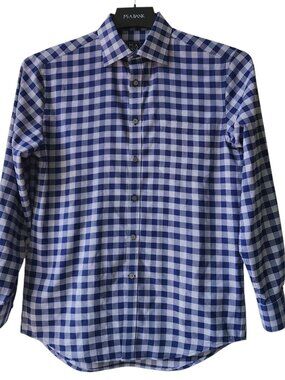Small Traveler Shirt Blue Plaid Navy Jos A Bank Mens Size S Tailored Polyester